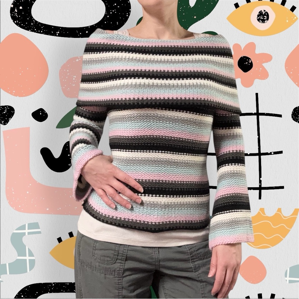 Rubber Doll | Y2K Striped Knit Off The Shoulder Flared Sleeve Sweater